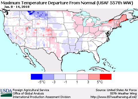 United States Mean Maximum Temperature Departure from Normal (USAF 557th WW) Thematic Map For 1/8/2018 - 1/14/2018
