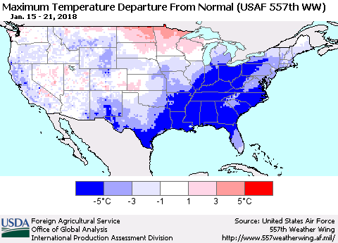 United States Mean Maximum Temperature Departure from Normal (USAF 557th WW) Thematic Map For 1/15/2018 - 1/21/2018