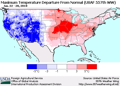 United States Mean Maximum Temperature Departure from Normal (USAF 557th WW) Thematic Map For 1/22/2018 - 1/28/2018