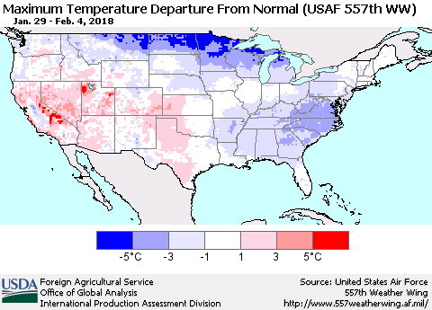 United States Mean Maximum Temperature Departure from Normal (USAF 557th WW) Thematic Map For 1/29/2018 - 2/4/2018