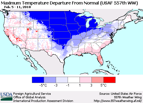 United States Mean Maximum Temperature Departure from Normal (USAF 557th WW) Thematic Map For 2/5/2018 - 2/11/2018