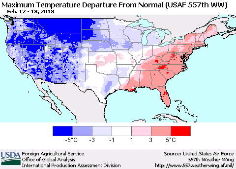 United States Mean Maximum Temperature Departure from Normal (USAF 557th WW) Thematic Map For 2/12/2018 - 2/18/2018