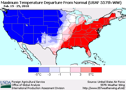 United States Mean Maximum Temperature Departure from Normal (USAF 557th WW) Thematic Map For 2/19/2018 - 2/25/2018