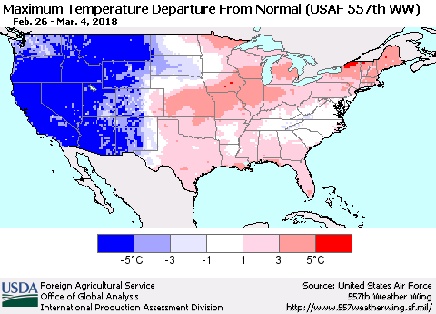 United States Mean Maximum Temperature Departure from Normal (USAF 557th WW) Thematic Map For 2/26/2018 - 3/4/2018