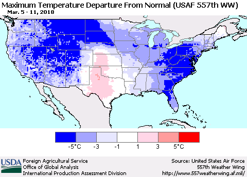 United States Mean Maximum Temperature Departure from Normal (USAF 557th WW) Thematic Map For 3/5/2018 - 3/11/2018