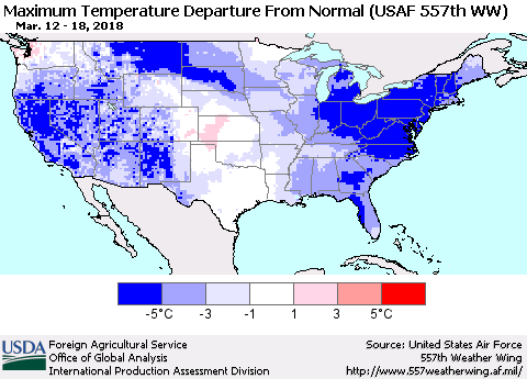 United States Mean Maximum Temperature Departure from Normal (USAF 557th WW) Thematic Map For 3/12/2018 - 3/18/2018