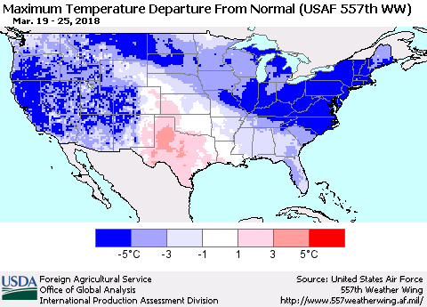 United States Mean Maximum Temperature Departure from Normal (USAF 557th WW) Thematic Map For 3/19/2018 - 3/25/2018