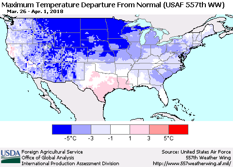 United States Mean Maximum Temperature Departure from Normal (USAF 557th WW) Thematic Map For 3/26/2018 - 4/1/2018