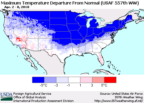 United States Mean Maximum Temperature Departure from Normal (USAF 557th WW) Thematic Map For 4/2/2018 - 4/8/2018