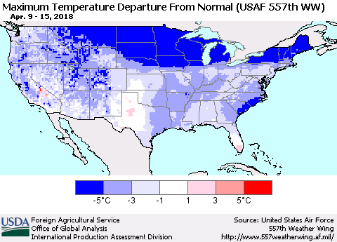 United States Mean Maximum Temperature Departure from Normal (USAF 557th WW) Thematic Map For 4/9/2018 - 4/15/2018