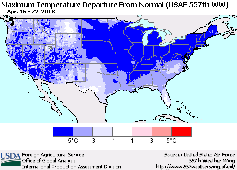 United States Mean Maximum Temperature Departure from Normal (USAF 557th WW) Thematic Map For 4/16/2018 - 4/22/2018