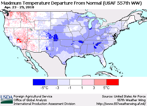 United States Mean Maximum Temperature Departure from Normal (USAF 557th WW) Thematic Map For 4/23/2018 - 4/29/2018