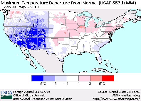 United States Mean Maximum Temperature Departure from Normal (USAF 557th WW) Thematic Map For 4/30/2018 - 5/6/2018