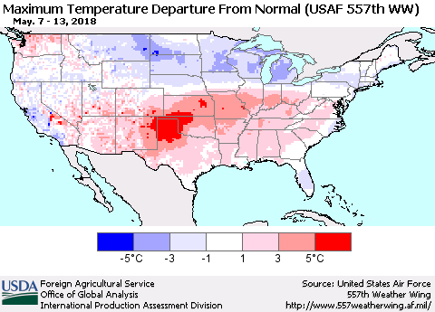 United States Mean Maximum Temperature Departure from Normal (USAF 557th WW) Thematic Map For 5/7/2018 - 5/13/2018