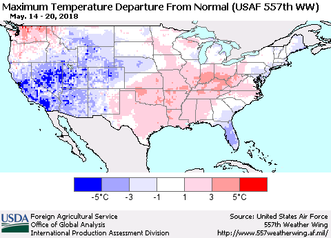 United States Mean Maximum Temperature Departure from Normal (USAF 557th WW) Thematic Map For 5/14/2018 - 5/20/2018