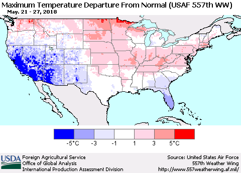 United States Mean Maximum Temperature Departure from Normal (USAF 557th WW) Thematic Map For 5/21/2018 - 5/27/2018