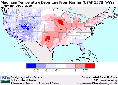 United States Mean Maximum Temperature Departure from Normal (USAF 557th WW) Thematic Map For 5/28/2018 - 6/3/2018