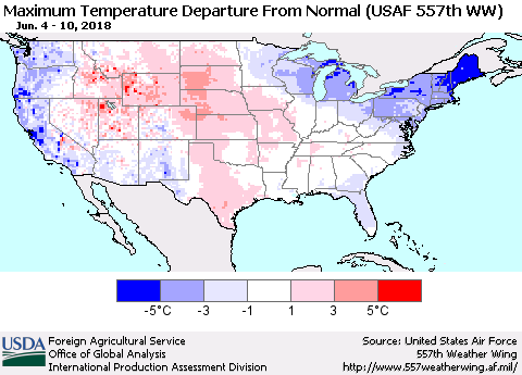 United States Mean Maximum Temperature Departure from Normal (USAF 557th WW) Thematic Map For 6/4/2018 - 6/10/2018