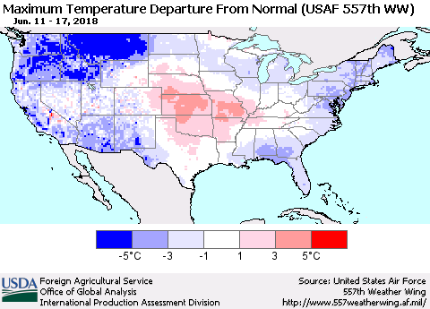 United States Mean Maximum Temperature Departure from Normal (USAF 557th WW) Thematic Map For 6/11/2018 - 6/17/2018