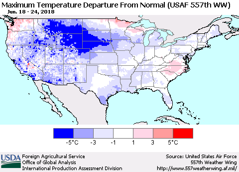United States Mean Maximum Temperature Departure from Normal (USAF 557th WW) Thematic Map For 6/18/2018 - 6/24/2018