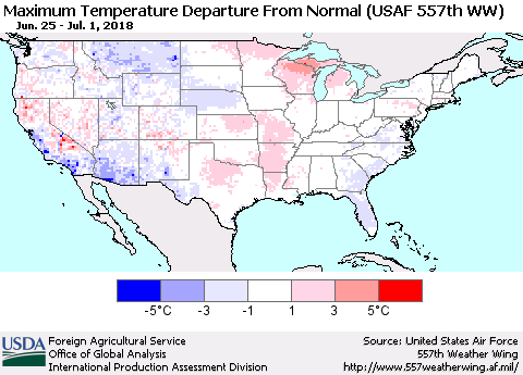 United States Mean Maximum Temperature Departure from Normal (USAF 557th WW) Thematic Map For 6/25/2018 - 7/1/2018