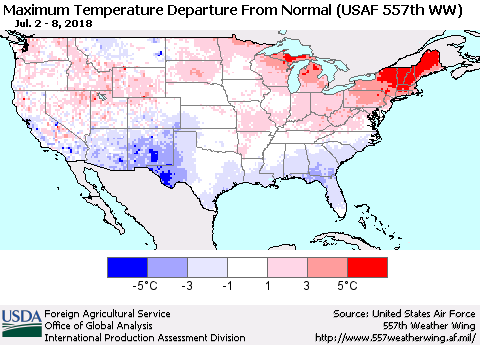 United States Mean Maximum Temperature Departure from Normal (USAF 557th WW) Thematic Map For 7/2/2018 - 7/8/2018