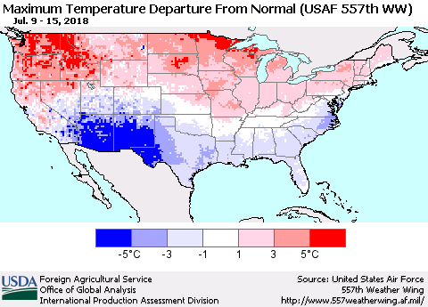 United States Mean Maximum Temperature Departure from Normal (USAF 557th WW) Thematic Map For 7/9/2018 - 7/15/2018
