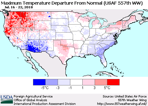 United States Mean Maximum Temperature Departure from Normal (USAF 557th WW) Thematic Map For 7/16/2018 - 7/22/2018