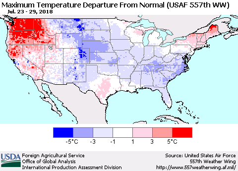 United States Mean Maximum Temperature Departure from Normal (USAF 557th WW) Thematic Map For 7/23/2018 - 7/29/2018