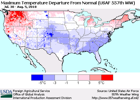 United States Mean Maximum Temperature Departure from Normal (USAF 557th WW) Thematic Map For 7/30/2018 - 8/5/2018