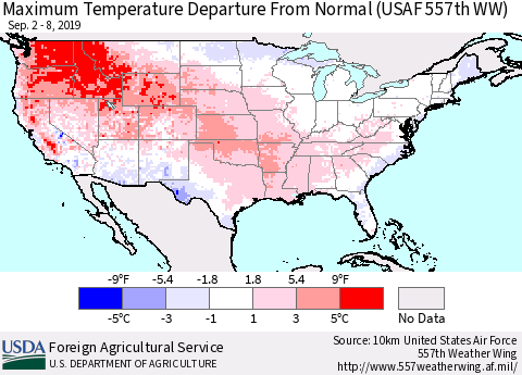 United States Mean Maximum Temperature Departure from Normal (USAF 557th WW) Thematic Map For 9/2/2019 - 9/8/2019
