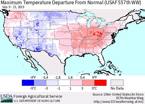 United States Maximum Temperature Departure From Normal (USAF 557th WW) Thematic Map For 9/9/2019 - 9/15/2019