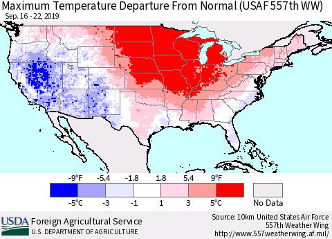 United States Mean Maximum Temperature Departure from Normal (USAF 557th WW) Thematic Map For 9/16/2019 - 9/22/2019
