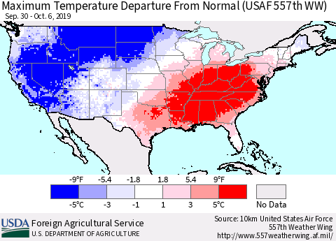 United States Maximum Temperature Departure From Normal (USAF 557th WW) Thematic Map For 9/30/2019 - 10/6/2019