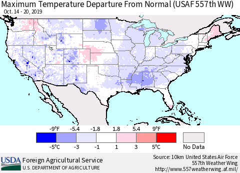 United States Mean Maximum Temperature Departure from Normal (USAF 557th WW) Thematic Map For 10/14/2019 - 10/20/2019