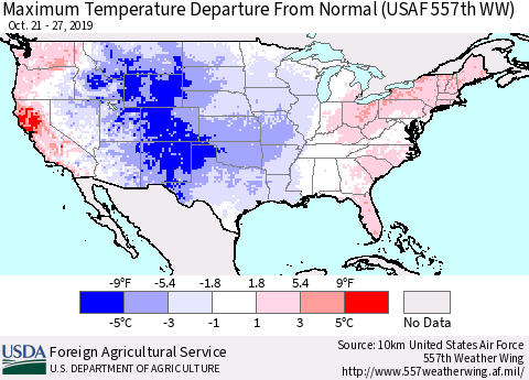 United States Mean Maximum Temperature Departure from Normal (USAF 557th WW) Thematic Map For 10/21/2019 - 10/27/2019