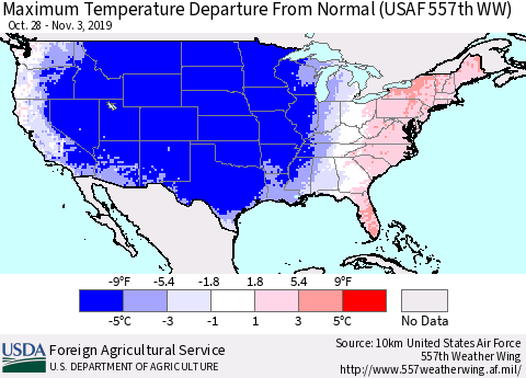 United States Mean Maximum Temperature Departure from Normal (USAF 557th WW) Thematic Map For 10/28/2019 - 11/3/2019
