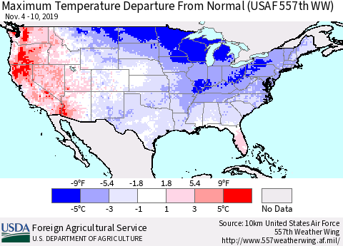 United States Mean Maximum Temperature Departure from Normal (USAF 557th WW) Thematic Map For 11/4/2019 - 11/10/2019