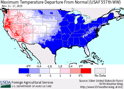 United States Mean Maximum Temperature Departure from Normal (USAF 557th WW) Thematic Map For 11/11/2019 - 11/17/2019