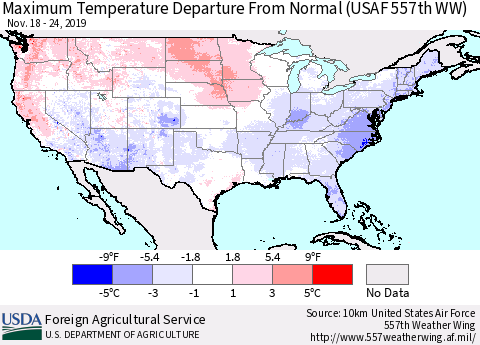 United States Mean Maximum Temperature Departure from Normal (USAF 557th WW) Thematic Map For 11/18/2019 - 11/24/2019