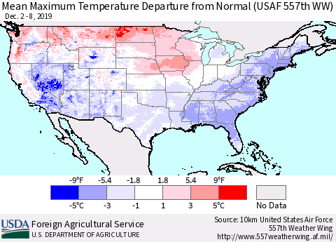 United States Mean Maximum Temperature Departure from Normal (USAF 557th WW) Thematic Map For 12/2/2019 - 12/8/2019