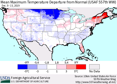 United States Maximum Temperature Departure From Normal (USAF 557th WW) Thematic Map For 12/9/2019 - 12/15/2019