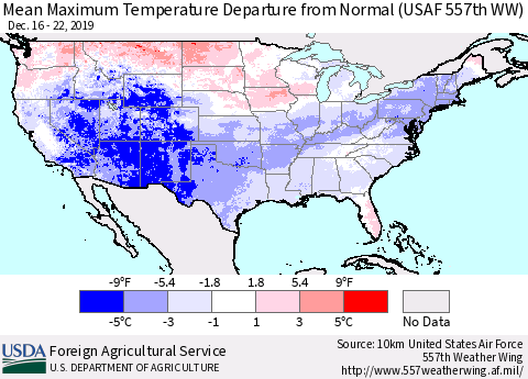 United States Mean Maximum Temperature Departure from Normal (USAF 557th WW) Thematic Map For 12/16/2019 - 12/22/2019
