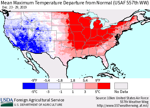 United States Maximum Temperature Departure From Normal (USAF 557th WW) Thematic Map For 12/23/2019 - 12/29/2019