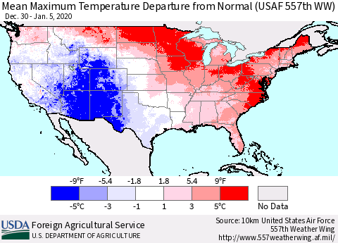 United States Mean Maximum Temperature Departure from Normal (USAF 557th WW) Thematic Map For 12/30/2019 - 1/5/2020