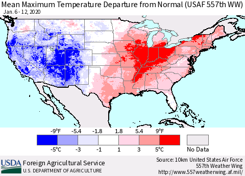 United States Mean Maximum Temperature Departure from Normal (USAF 557th WW) Thematic Map For 1/6/2020 - 1/12/2020