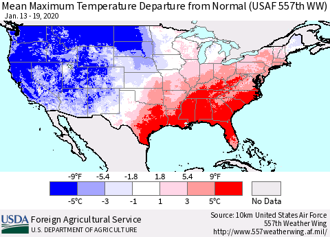 United States Mean Maximum Temperature Departure from Normal (USAF 557th WW) Thematic Map For 1/13/2020 - 1/19/2020