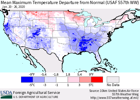 United States Maximum Temperature Departure From Normal (USAF 557th WW) Thematic Map For 1/20/2020 - 1/26/2020