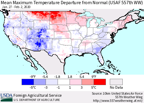 United States Mean Maximum Temperature Departure from Normal (USAF 557th WW) Thematic Map For 1/27/2020 - 2/2/2020