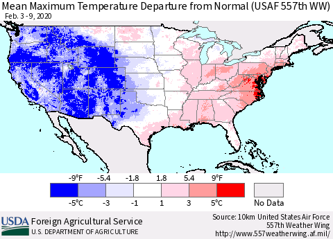United States Maximum Temperature Departure From Normal (USAF 557th WW) Thematic Map For 2/3/2020 - 2/9/2020